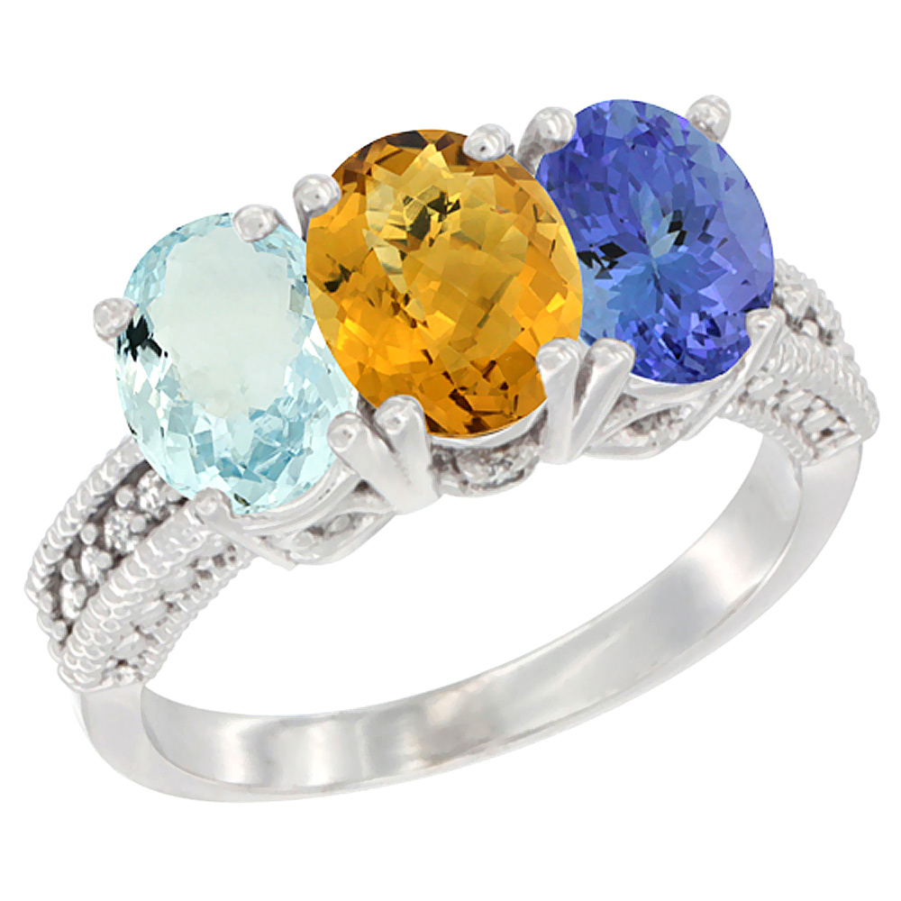 10K White Gold Natural Aquamarine, Whisky Quartz & Tanzanite Ring 3-Stone Oval 7x5 mm Diamond Accent, sizes 5 - 10