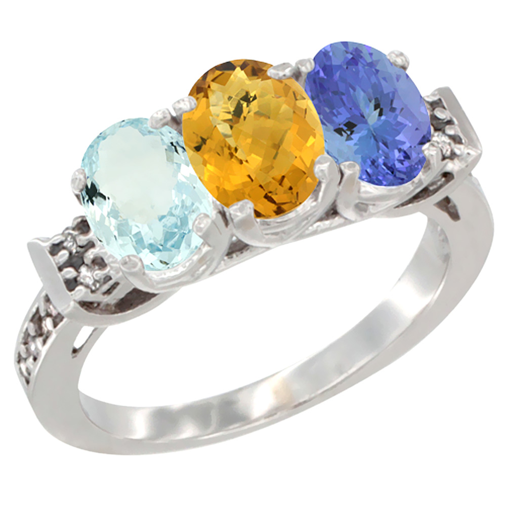10K White Gold Natural Aquamarine, Whisky Quartz & Tanzanite Ring 3-Stone Oval 7x5 mm Diamond Accent, sizes 5 - 10