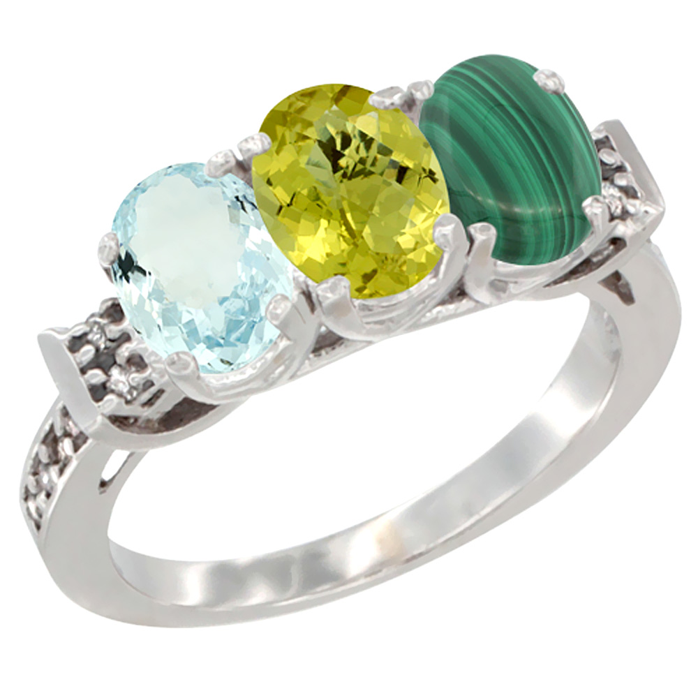 14K White Gold Natural Aquamarine, Lemon Quartz & Malachite Ring 3-Stone Oval 7x5 mm Diamond Accent, sizes 5 - 10