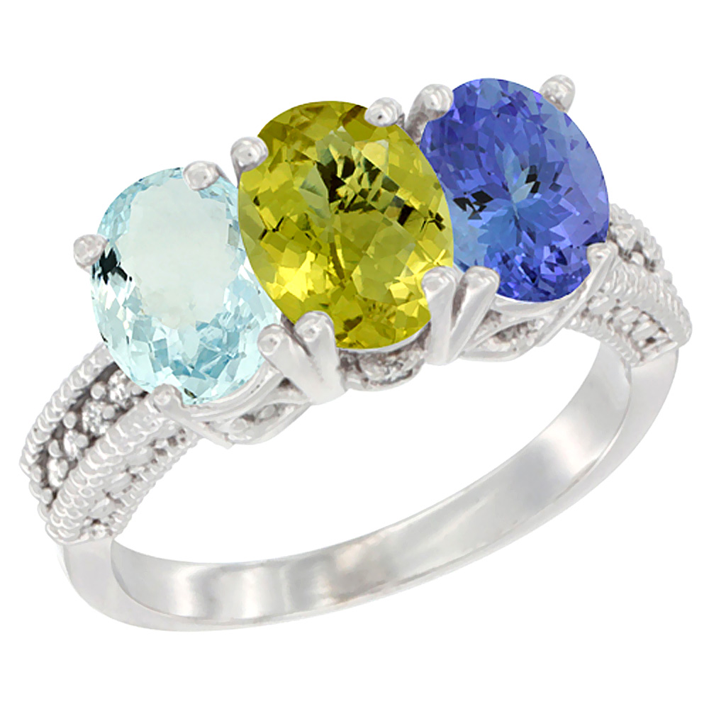 14K White Gold Natural Aquamarine, Lemon Quartz & Tanzanite Ring 3-Stone Oval 7x5 mm Diamond Accent, sizes 5 - 10