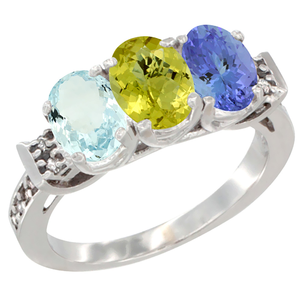 14K White Gold Natural Aquamarine, Lemon Quartz & Tanzanite Ring 3-Stone Oval 7x5 mm Diamond Accent, sizes 5 - 10