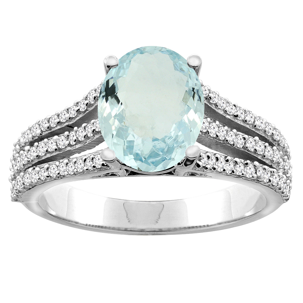 14K White/Yellow Gold Natural Aquamarine Tri-split Ring Cushion-cut 8x6mm Diamond Accents 5/16 inch wide, sizes 5 - 10