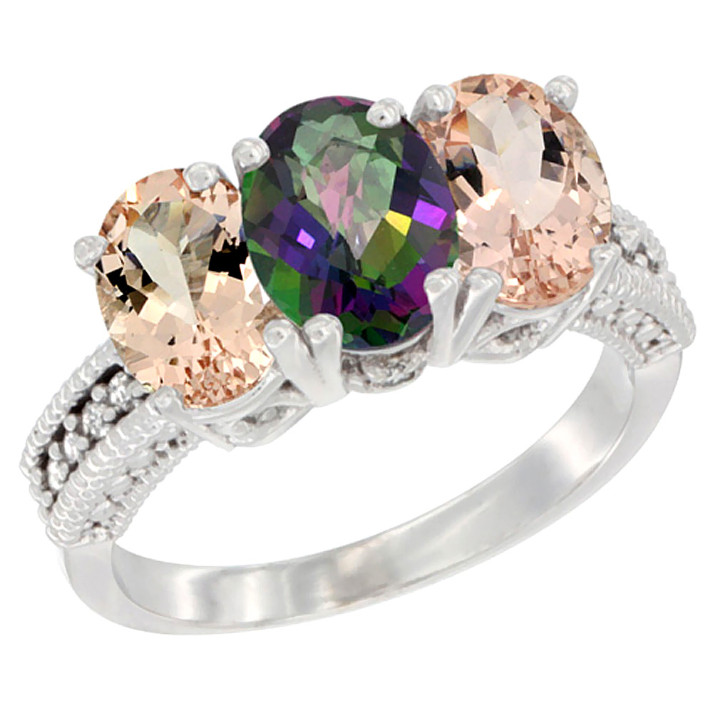 14K White Gold Natural Mystic Topaz & Morganite Sides Ring 3-Stone Oval 7x5 mm Diamond Accent, sizes 5 - 10