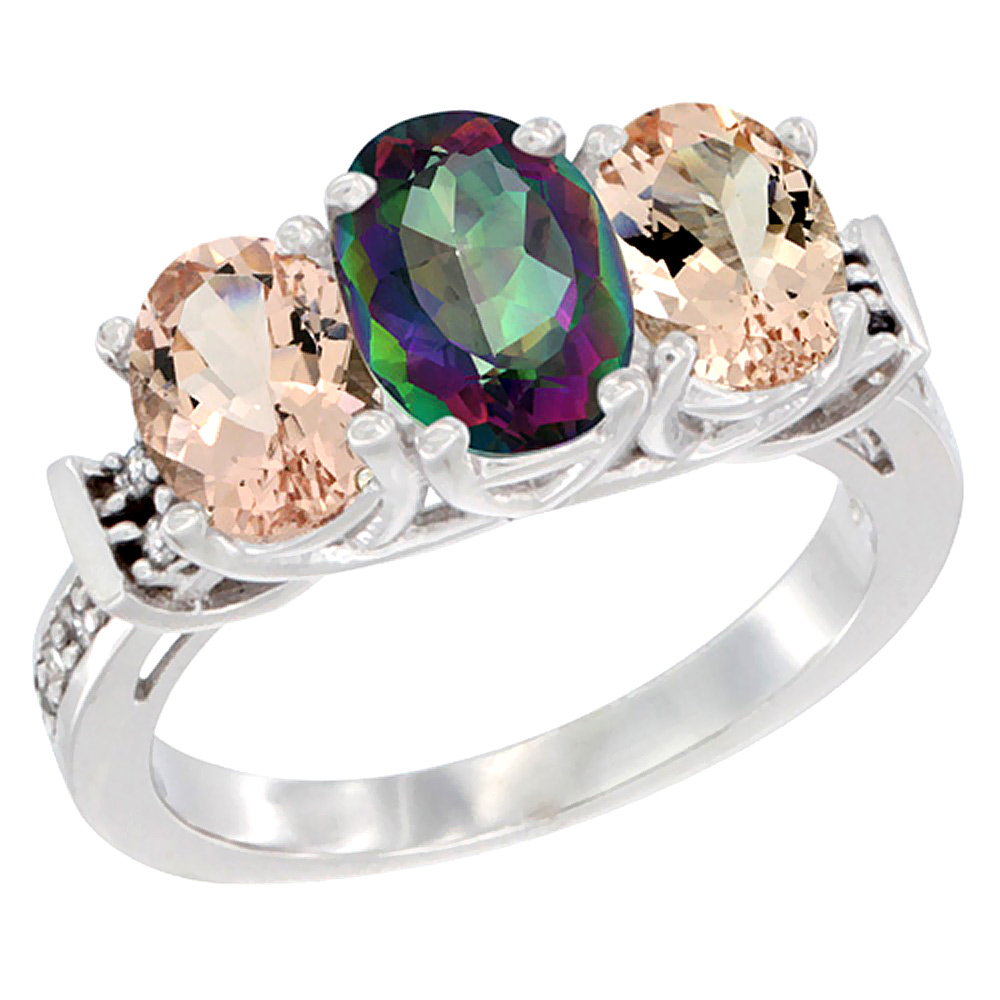 14K White Gold Natural Mystic Topaz & Morganite Sides Ring 3-Stone Oval Diamond Accent, sizes 5 - 10