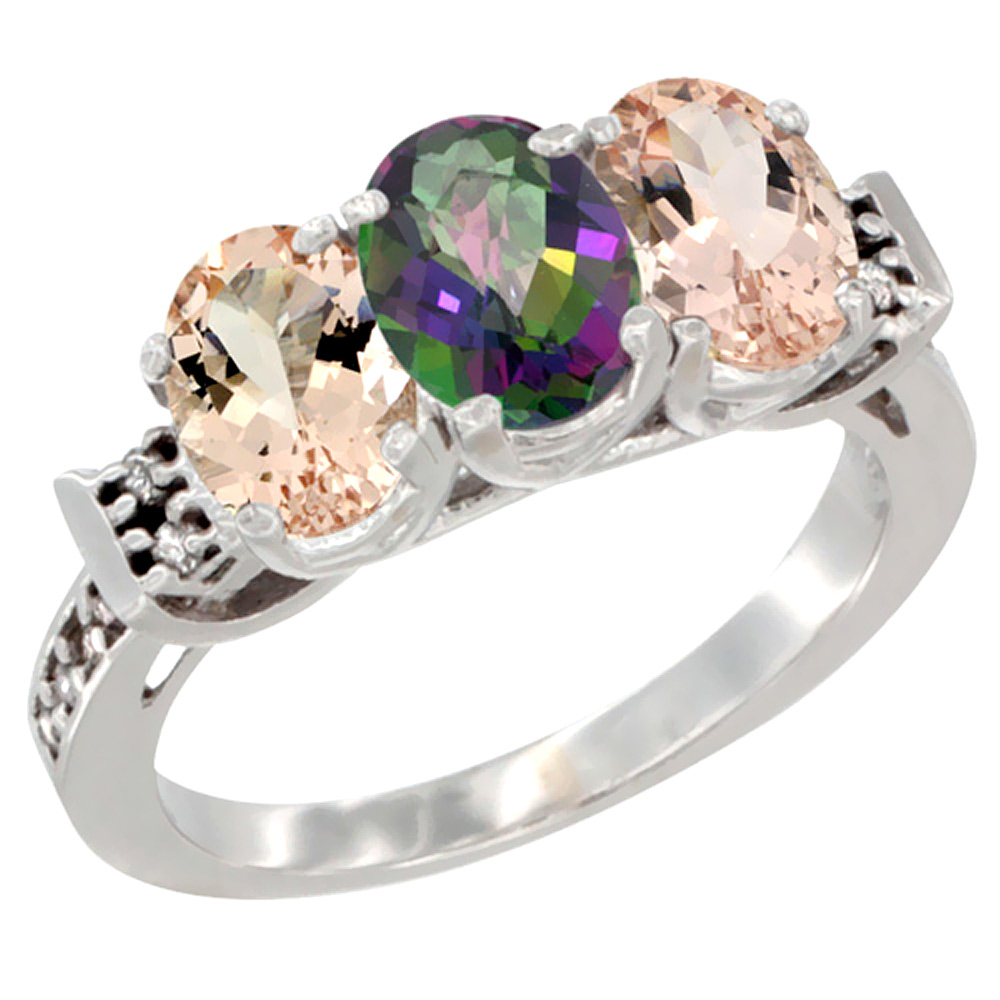 14K White Gold Natural Mystic Topaz & Morganite Sides Ring 3-Stone Oval 7x5 mm Diamond Accent, sizes 5 - 10