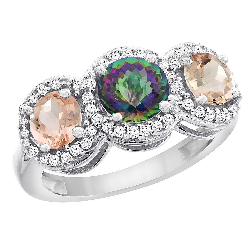14K White Gold Natural Mystic Topaz & Morganite Sides Round 3-stone Ring Diamond Accents, sizes 5 - 10