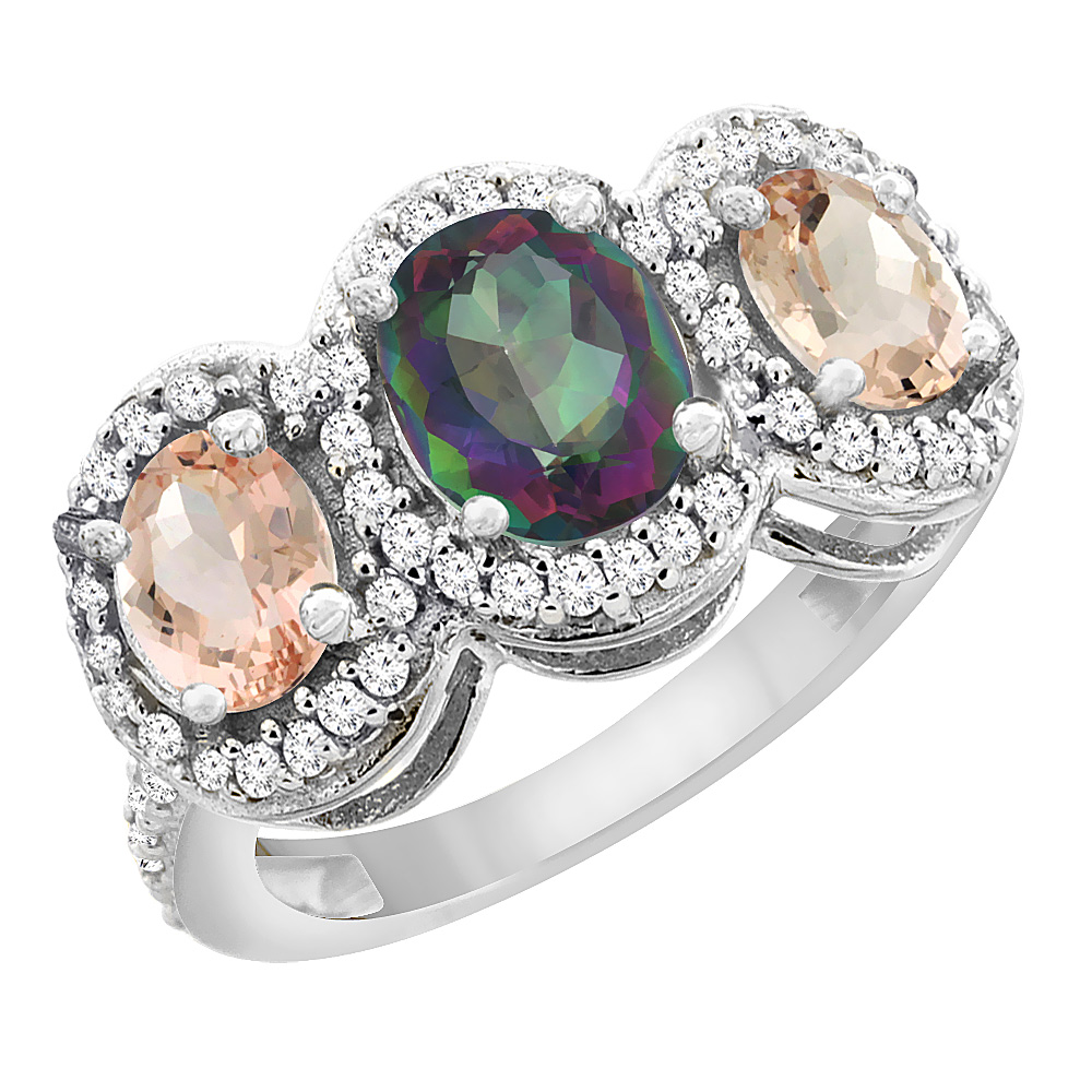 14K White Gold Natural Mystic Topaz & Morganite 3-Stone Ring Oval Diamond Accent, sizes 5 - 10