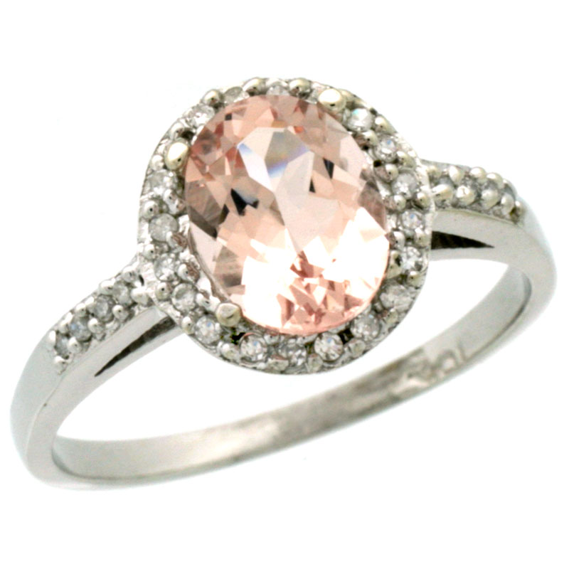 14K White Gold Diamond Natural Morganite Ring Oval 8x6mm, sizes 5-10