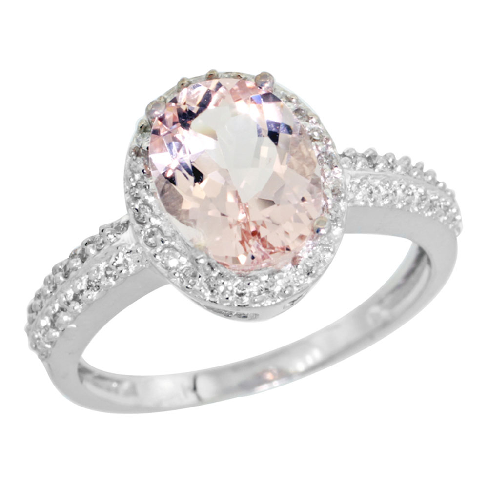 14K White Gold Diamond Natural Morganite Ring Oval 9x7mm, sizes 5-10