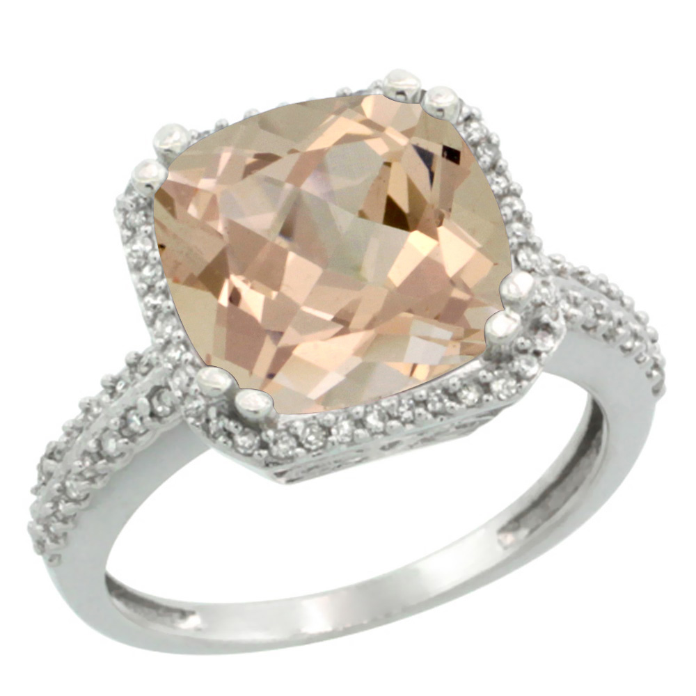 14K White Gold Natural Morganite Ring Cushion-cut 11x11mm Diamond Halo, sizes 5-10