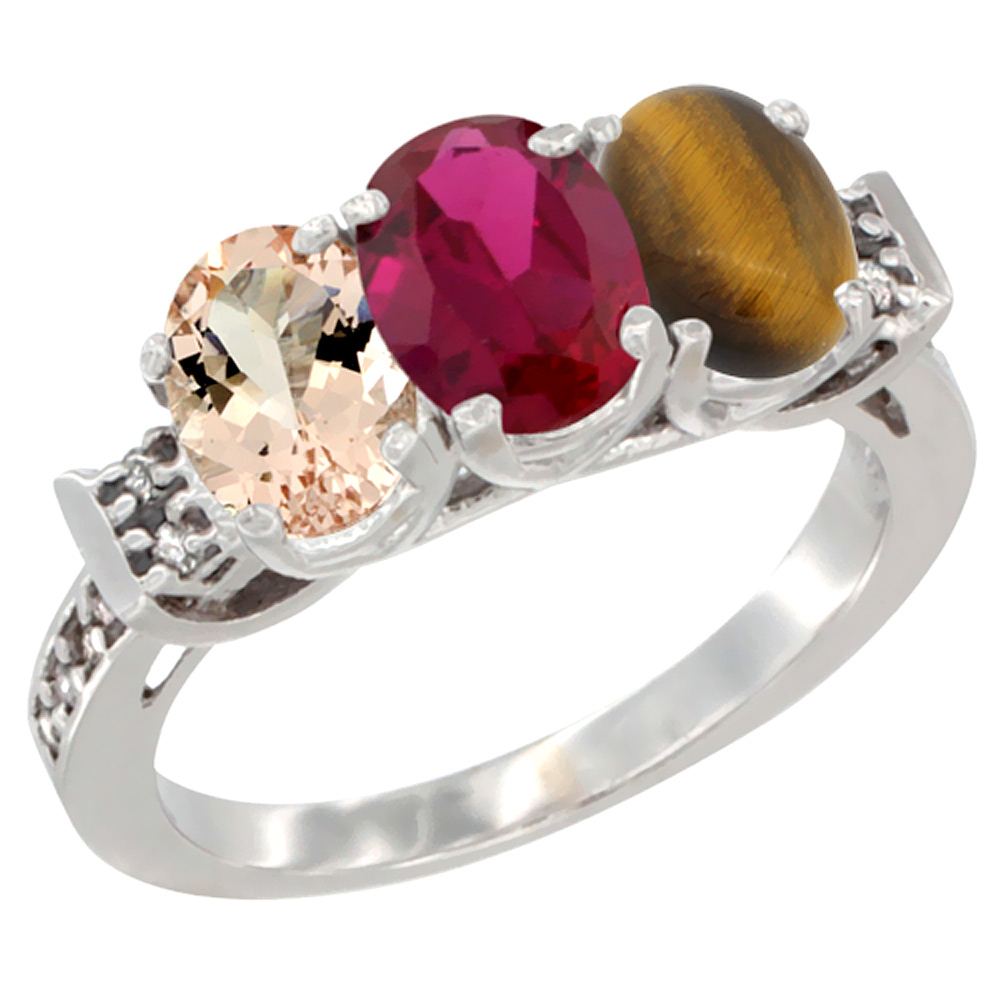 10K White Gold Natural Morganite, Enhanced Ruby & Natural Tiger Eye Ring 3-Stone Oval 7x5 mm Diamond Accent, sizes 5 - 10