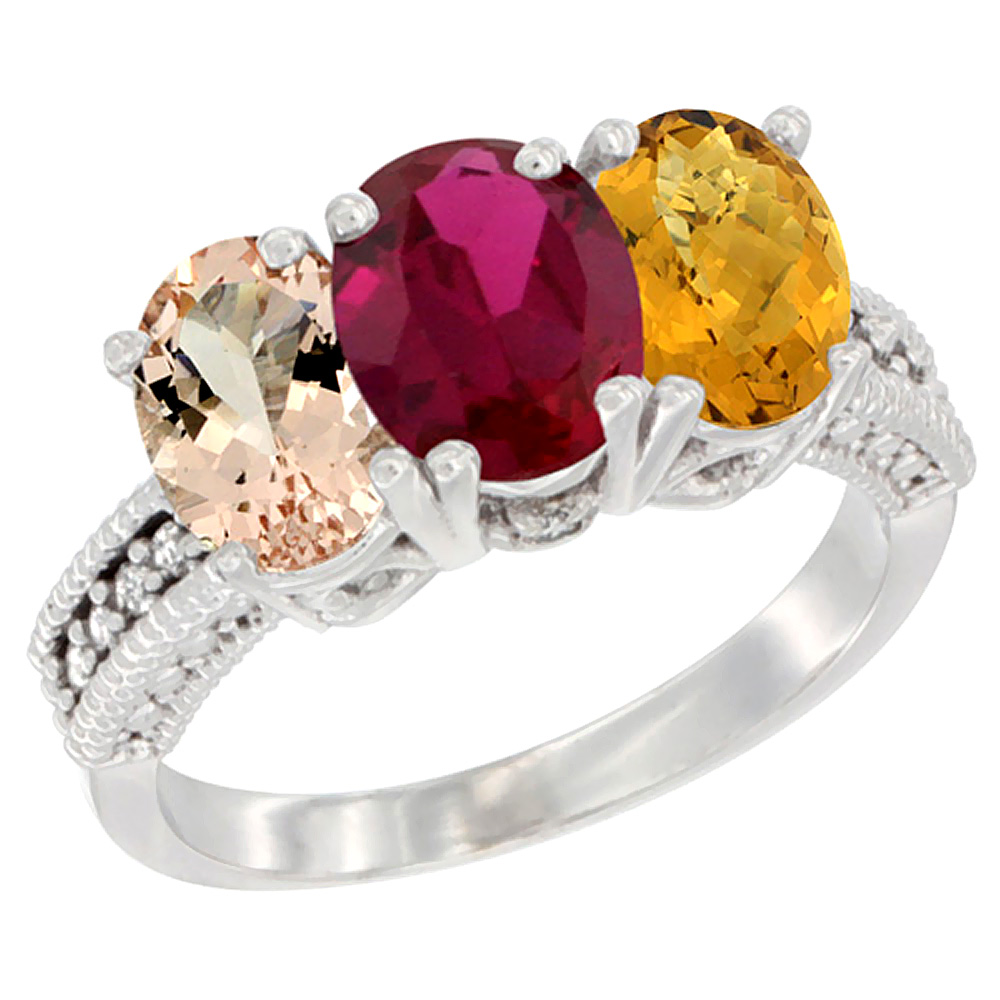 10K White Gold Natural Morganite, Enhanced Ruby & Natural Whisky Quartz Ring 3-Stone Oval 7x5 mm Diamond Accent, sizes 5 - 10
