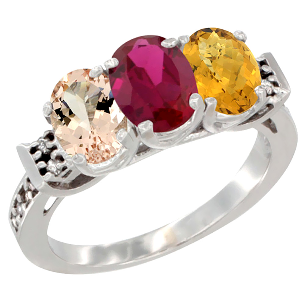 10K White Gold Natural Morganite, Enhanced Ruby & Natural Whisky Quartz Ring 3-Stone Oval 7x5 mm Diamond Accent, sizes 5 - 10