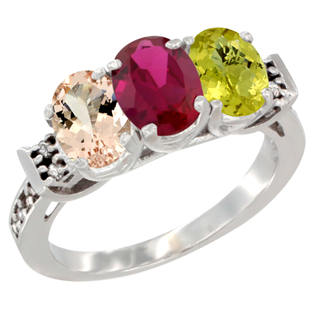 10K White Gold Natural Morganite, Enhanced Ruby & Natural Lemon Quartz Ring 3-Stone Oval 7x5 mm Diamond Accent, sizes 5 - 10
