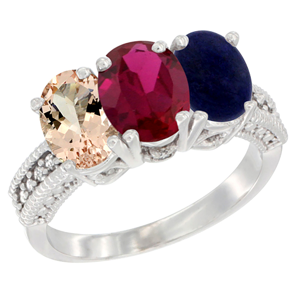 10K White Gold Natural Morganite, Enhanced Ruby & Natural Lapis Ring 3-Stone Oval 7x5 mm Diamond Accent, sizes 5 - 10
