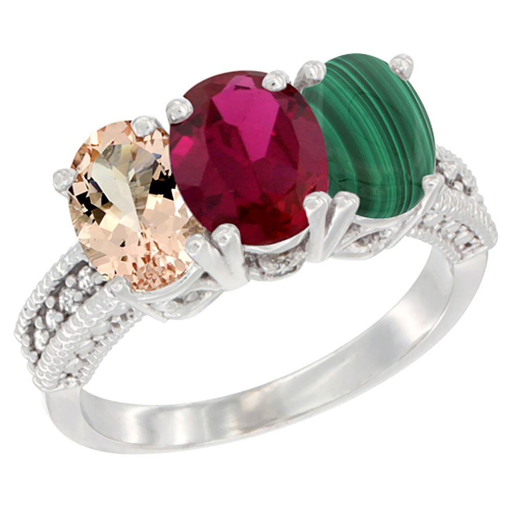 10K White Gold Natural Morganite, Enhanced Ruby & Natural Malachite Ring 3-Stone Oval 7x5 mm Diamond Accent, sizes 5 - 10