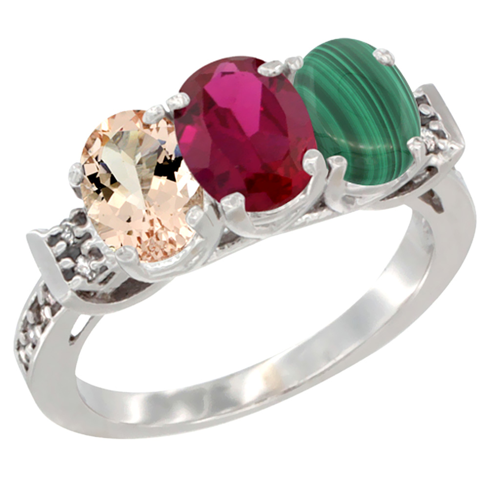 10K White Gold Natural Morganite, Enhanced Ruby & Natural Malachite Ring 3-Stone Oval 7x5 mm Diamond Accent, sizes 5 - 10