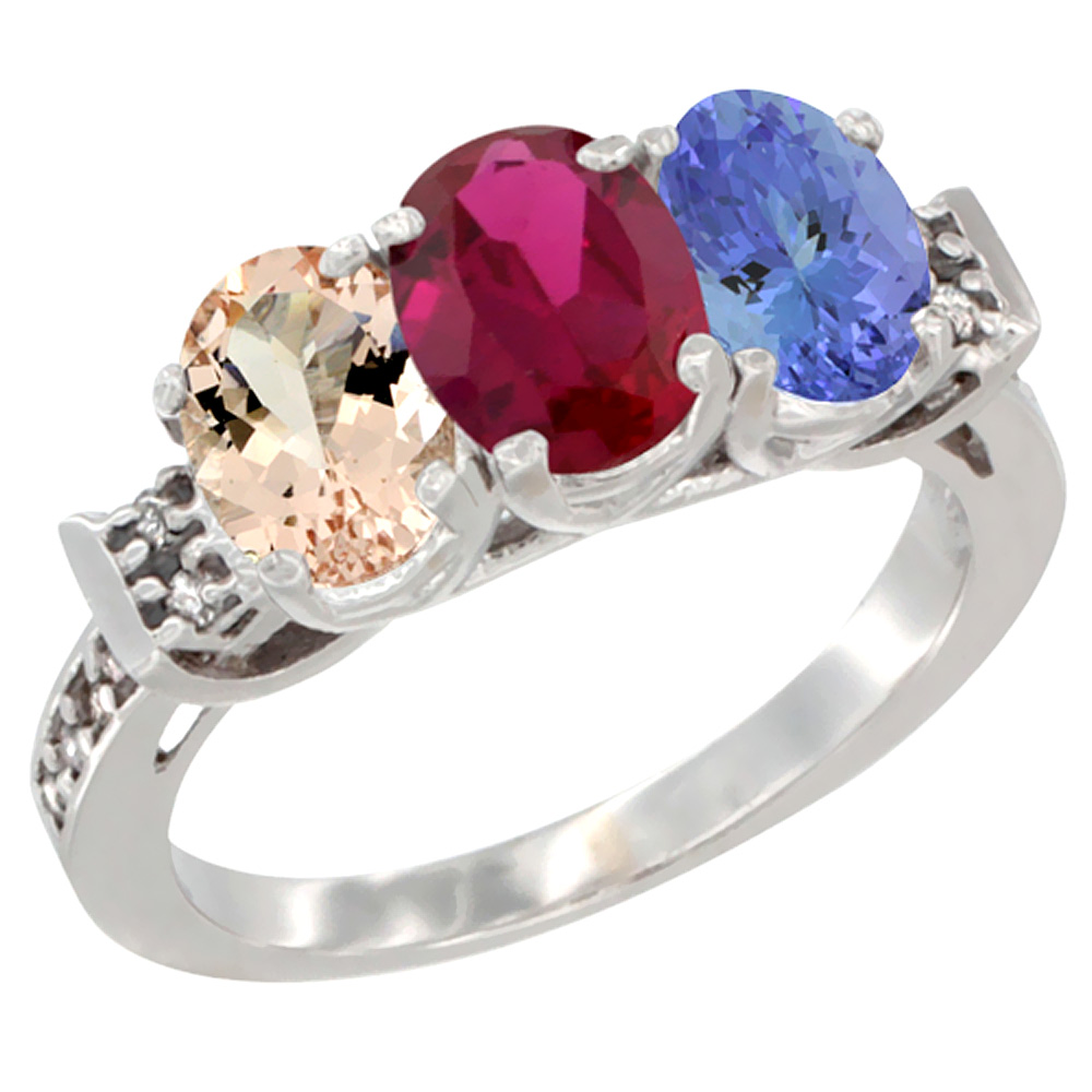 10K White Gold Natural Morganite, Enhanced Ruby & Natural Tanzanite Ring 3-Stone Oval 7x5 mm Diamond Accent, sizes 5 - 10