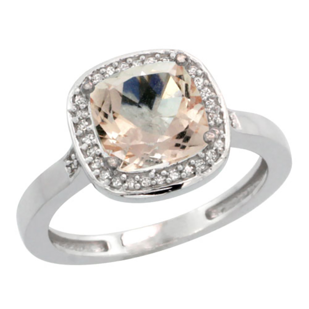 14K White Gold Natural Diamond Morganite Ring Cushion-cut 8x8mm, sizes 5-10