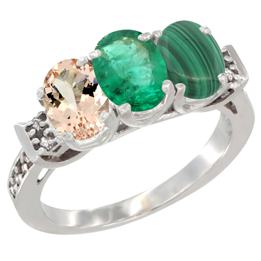 14K White Gold Natural Morganite, Emerald & Malachite Ring 3-Stone Oval 7x5 mm Diamond Accent, sizes 5 - 10