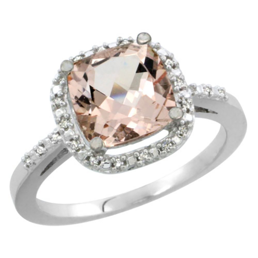 14K White Gold Natural Morganite Ring Cushion-cut 8x8mm Diamond Accent, sizes 5-10