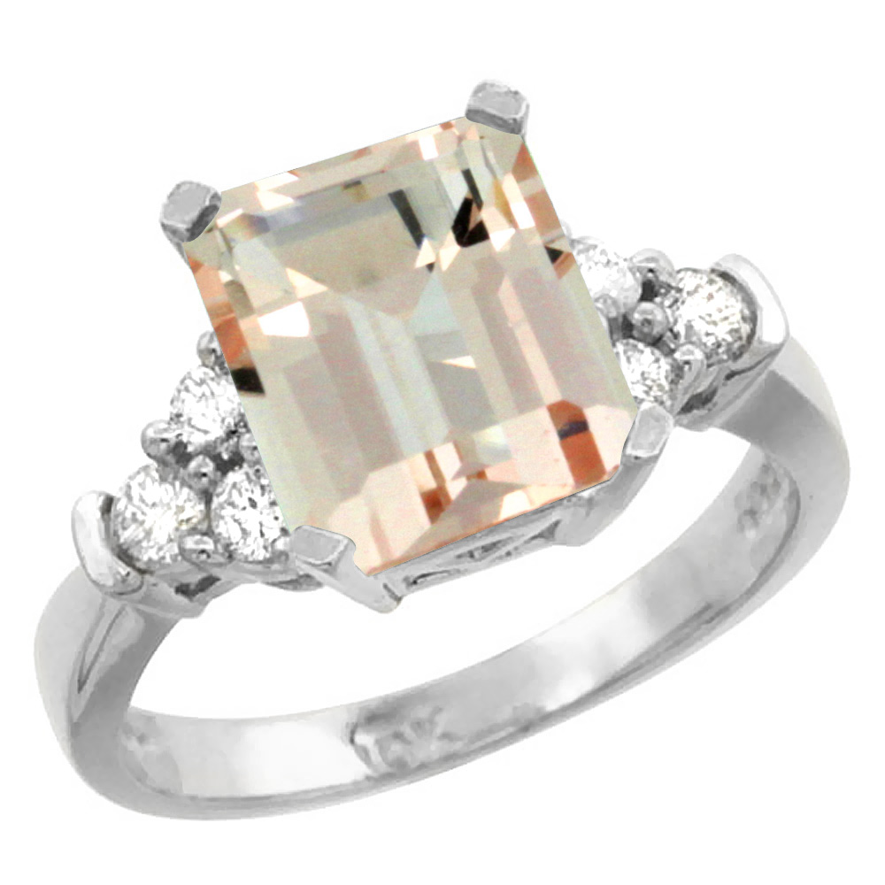 14K White Gold Natural Morganite Ring Octagon 9x7mm Diamond Accent, sizes 5-10