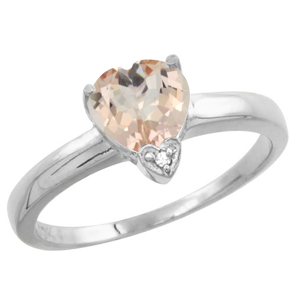 10K White Gold Natural Morganite Heart 7x7mm Diamond Accent, sizes 5-10