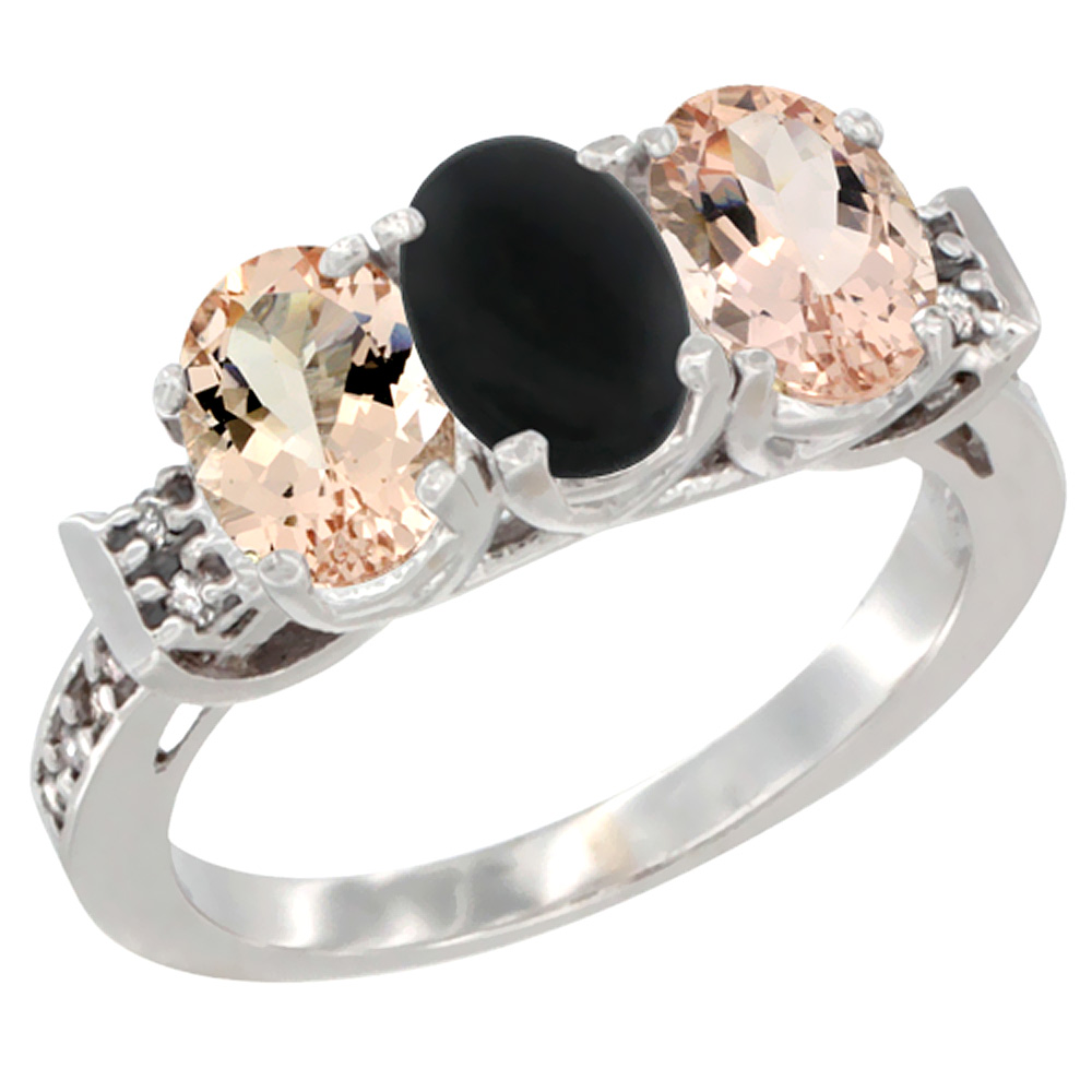 14K White Gold Natural Black Onyx & Morganite Sides Ring 3-Stone Oval 7x5 mm Diamond Accent, sizes 5 - 10