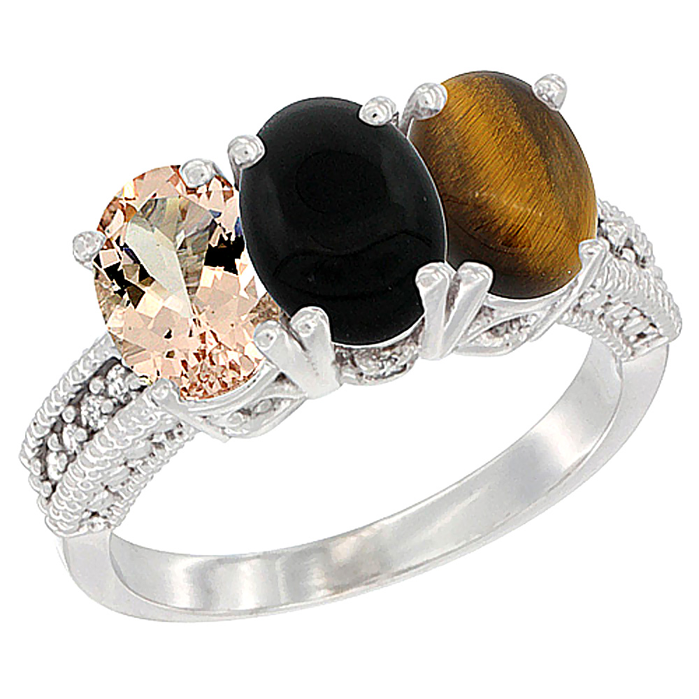 14K White Gold Natural Morganite, Black Onyx & Tiger Eye Ring 3-Stone Oval 7x5 mm Diamond Accent, sizes 5 - 10