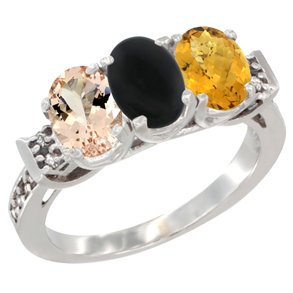 14K White Gold Natural Morganite, Black Onyx & Whisky Quartz Ring 3-Stone Oval 7x5 mm Diamond Accent, sizes 5 - 10