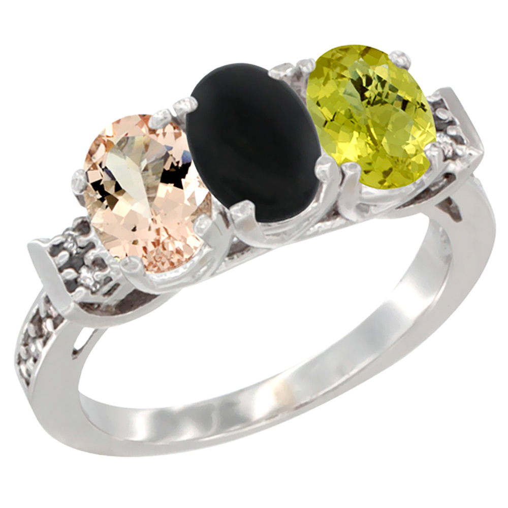 14K White Gold Natural Morganite, Black Onyx & Lemon Quartz Ring 3-Stone Oval 7x5 mm Diamond Accent, sizes 5 - 10