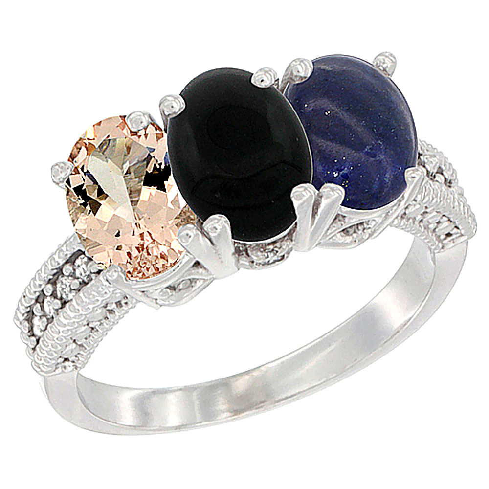 14K White Gold Natural Morganite, Black Onyx & Lapis Ring 3-Stone Oval 7x5 mm Diamond Accent, sizes 5 - 10