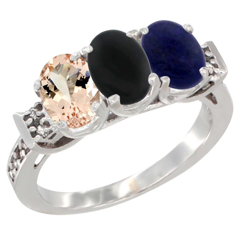 14K White Gold Natural Morganite, Black Onyx & Lapis Ring 3-Stone Oval 7x5 mm Diamond Accent, sizes 5 - 10