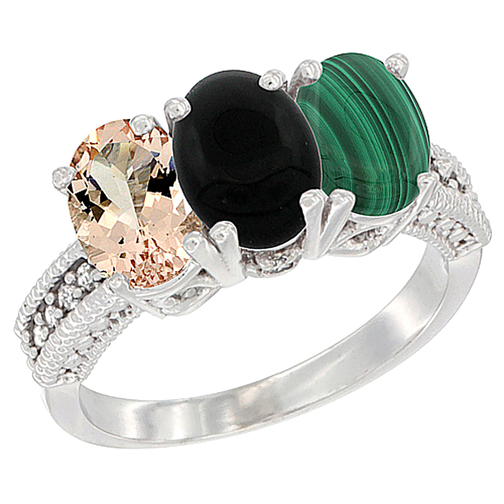 14K White Gold Natural Morganite, Black Onyx & Malachite Ring 3-Stone Oval 7x5 mm Diamond Accent, sizes 5 - 10