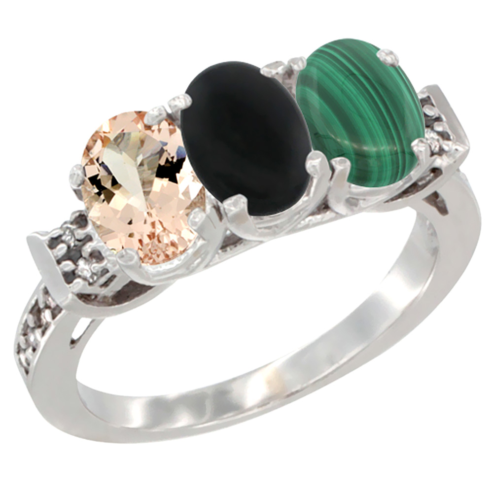 14K White Gold Natural Morganite, Black Onyx & Malachite Ring 3-Stone Oval 7x5 mm Diamond Accent, sizes 5 - 10