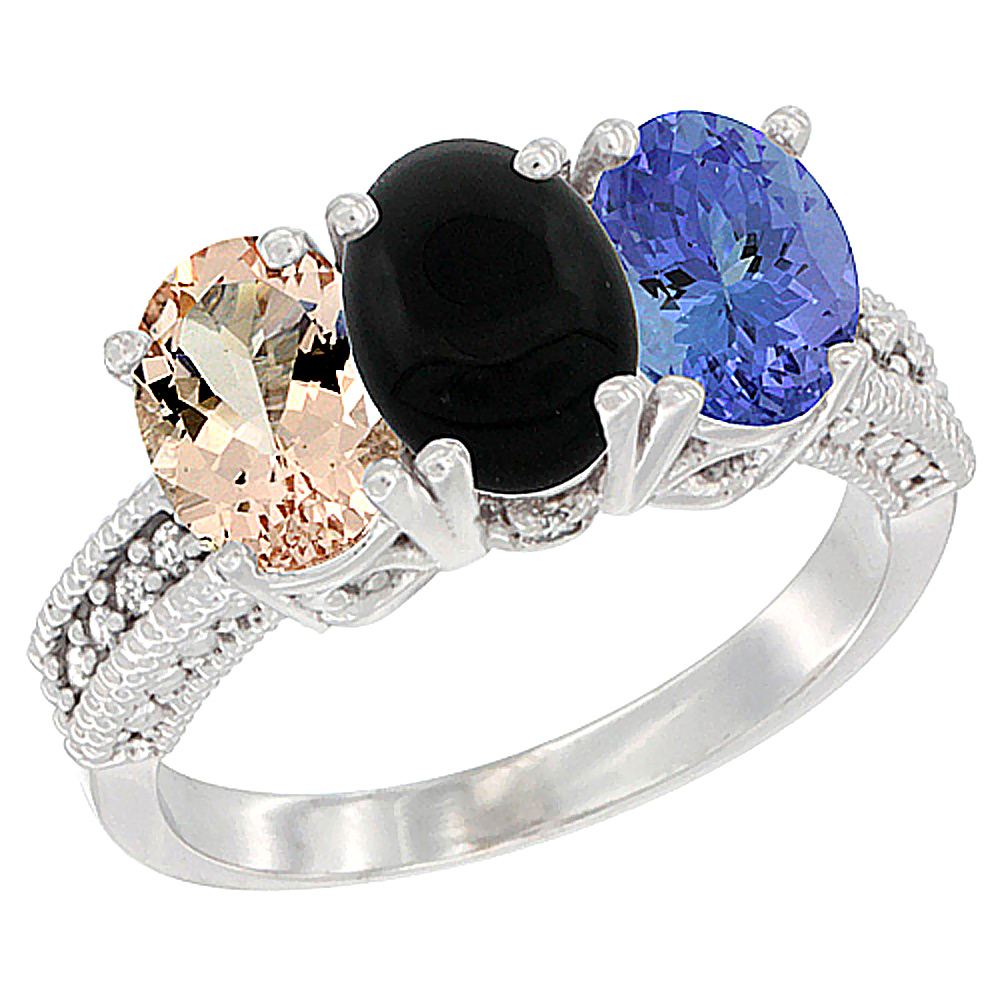 14K White Gold Natural Morganite, Black Onyx & Tanzanite Ring 3-Stone Oval 7x5 mm Diamond Accent, sizes 5 - 10