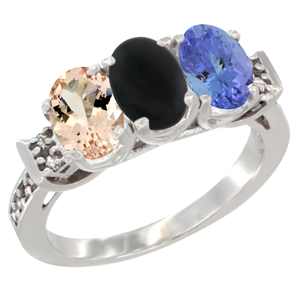 14K White Gold Natural Morganite, Black Onyx & Tanzanite Ring 3-Stone Oval 7x5 mm Diamond Accent, sizes 5 - 10
