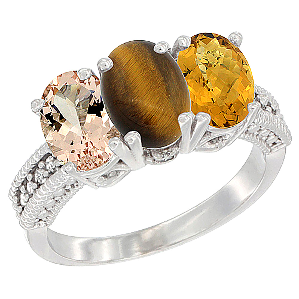 14K White Gold Natural Morganite, Tiger Eye & Whisky Quartz Ring 3-Stone Oval 7x5 mm Diamond Accent, sizes 5 - 10
