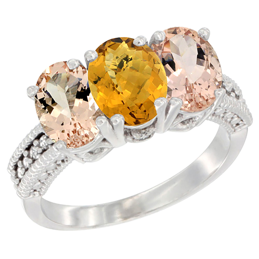 10K White Gold Natural Whisky Quartz & Morganite Sides Ring 3-Stone Oval 7x5 mm Diamond Accent, sizes 5 - 10