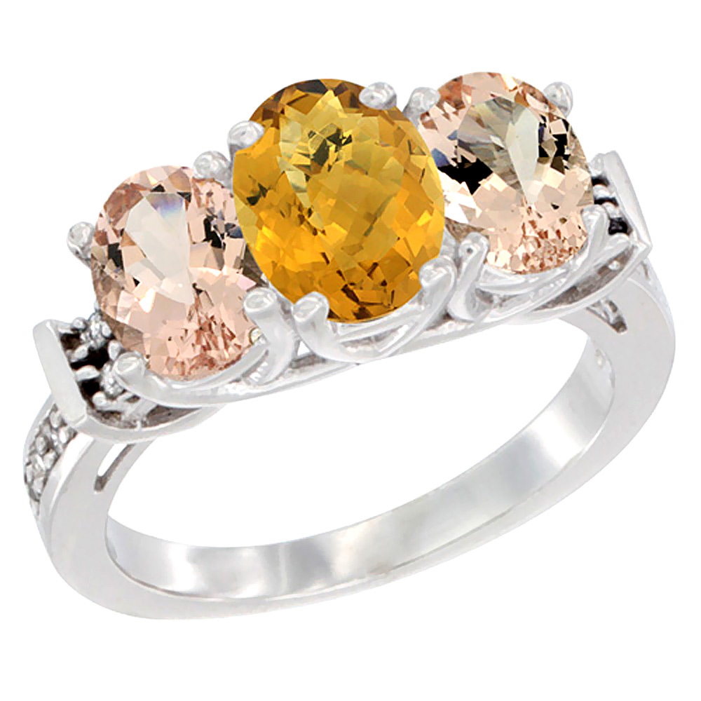 10K White Gold Natural Whisky Quartz & Morganite Sides Ring 3-Stone Oval Diamond Accent, sizes 5 - 10