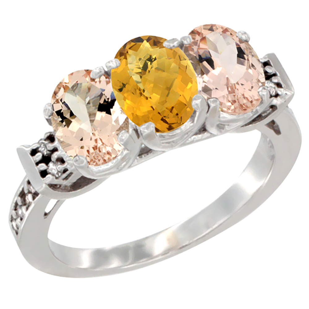 10K White Gold Natural Whisky Quartz & Morganite Sides Ring 3-Stone Oval 7x5 mm Diamond Accent, sizes 5 - 10