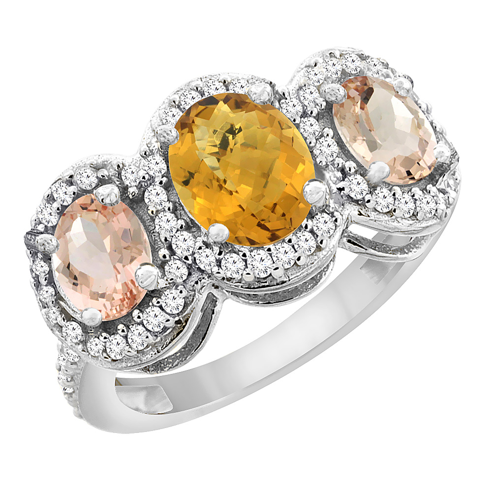 10K White Gold Natural Whisky Quartz & Morganite 3-Stone Ring Oval Diamond Accent, sizes 5 - 10