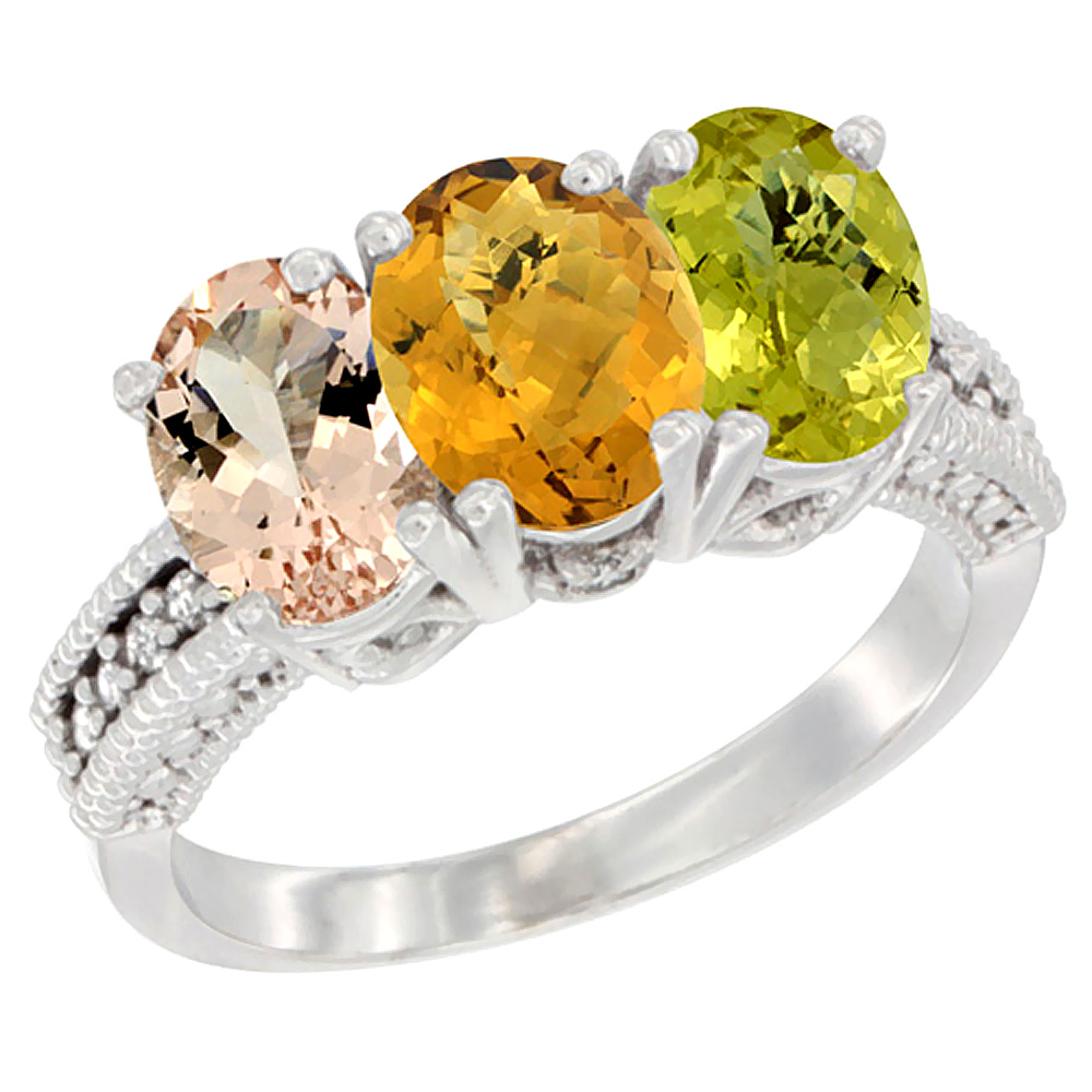 10K White Gold Natural Morganite, Whisky Quartz & Lemon Quartz Ring 3-Stone Oval 7x5 mm Diamond Accent, sizes 5 - 10