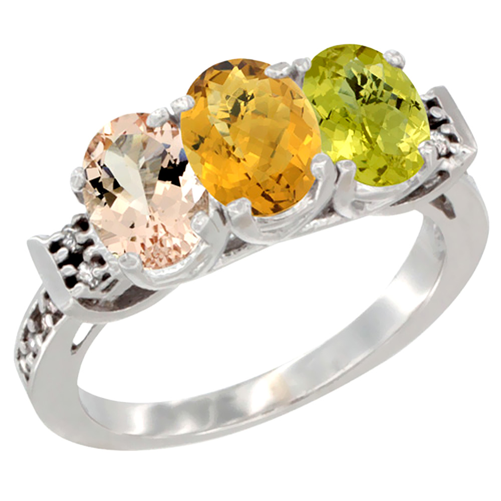 10K White Gold Natural Morganite, Whisky Quartz & Lemon Quartz Ring 3-Stone Oval 7x5 mm Diamond Accent, sizes 5 - 10