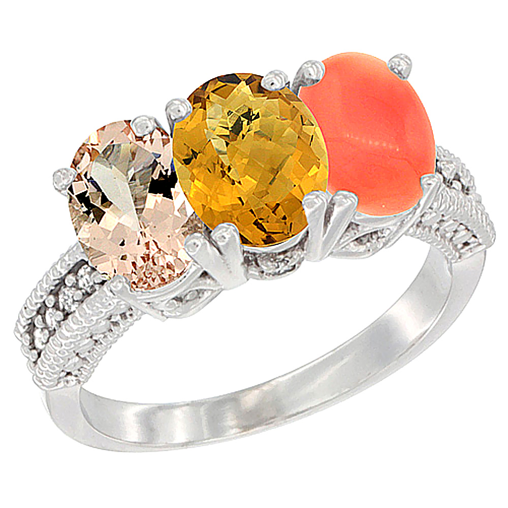 10K White Gold Natural Morganite, Whisky Quartz & Coral Ring 3-Stone Oval 7x5 mm Diamond Accent, sizes 5 - 10