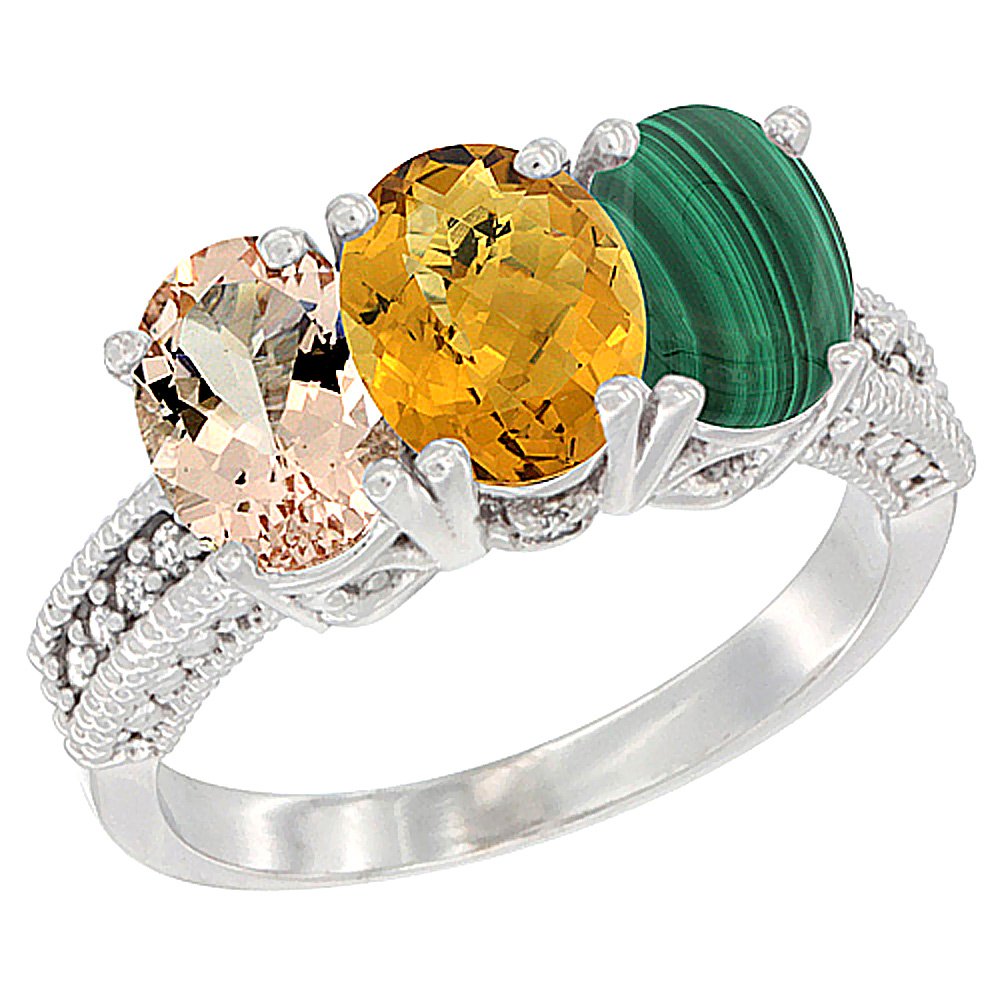10K White Gold Natural Morganite, Whisky Quartz & Malachite Ring 3-Stone Oval 7x5 mm Diamond Accent, sizes 5 - 10
