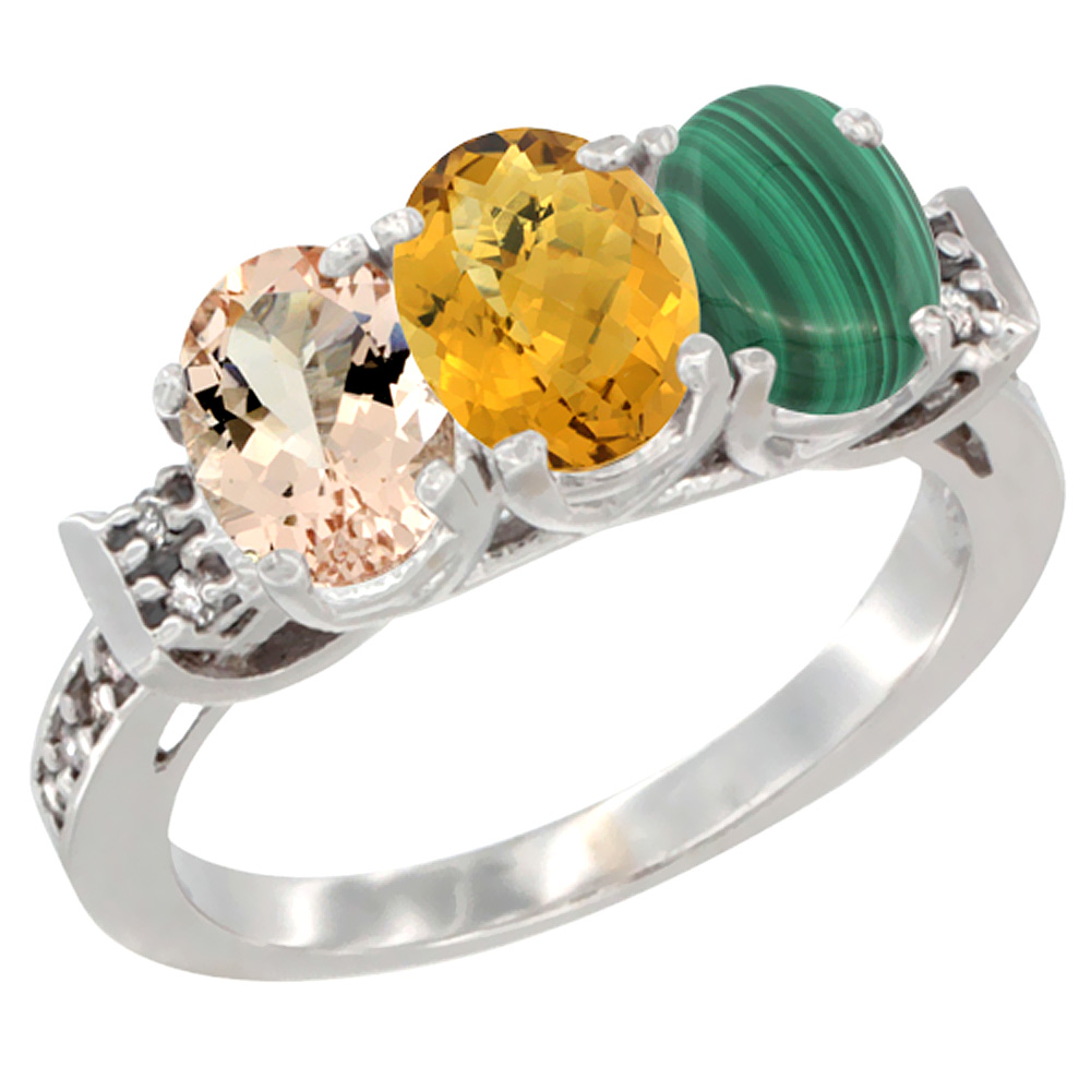 10K White Gold Natural Morganite, Whisky Quartz & Malachite Ring 3-Stone Oval 7x5 mm Diamond Accent, sizes 5 - 10