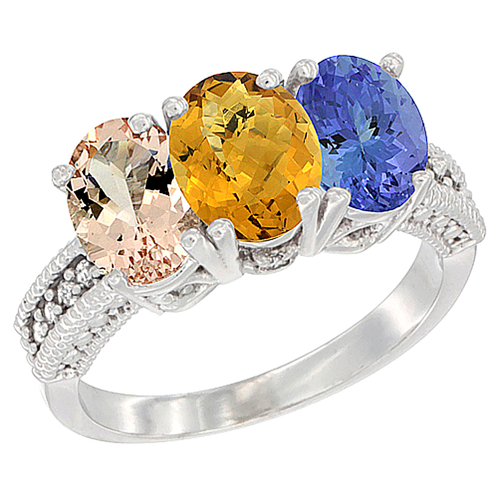 10K White Gold Natural Morganite, Whisky Quartz & Tanzanite Ring 3-Stone Oval 7x5 mm Diamond Accent, sizes 5 - 10