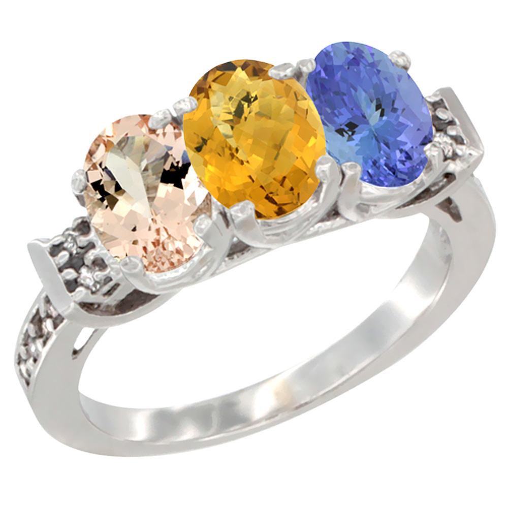 10K White Gold Natural Morganite, Whisky Quartz & Tanzanite Ring 3-Stone Oval 7x5 mm Diamond Accent, sizes 5 - 10