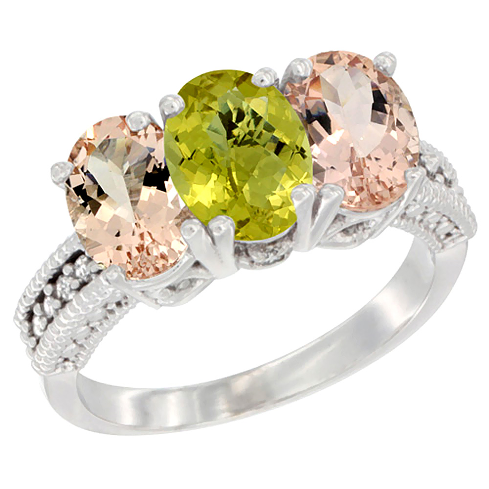 14K White Gold Natural Lemon Quartz & Morganite Sides Ring 3-Stone Oval 7x5 mm Diamond Accent, sizes 5 - 10
